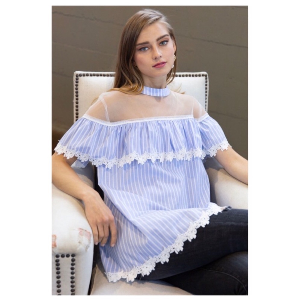 POL Blue White PinStripe Mesh & Lace Tunic Blouse - Picture 6 of 10